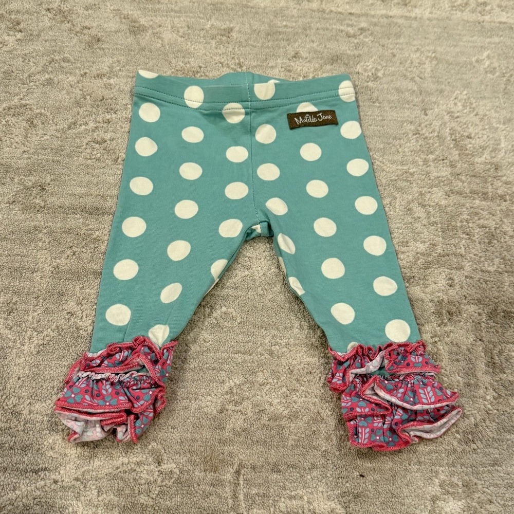 Matilda Jane Polka Dot Ruffle Pants Girls 3-6 Months Teal Cottagecore Leggings